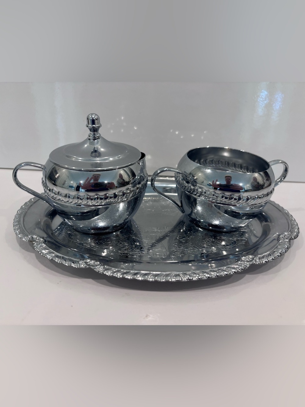 Vintage Silverplate Cream & Sugar Set with Ornate Serving Tray – Made in USA